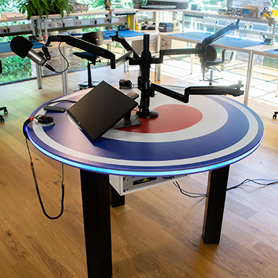 Podcast studio furniture with SmartLed